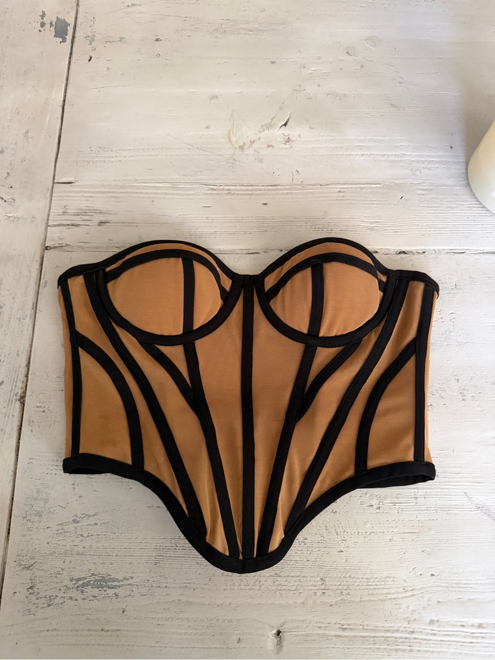 Structured Strapless Bustier Corset in Camel with Black Trim